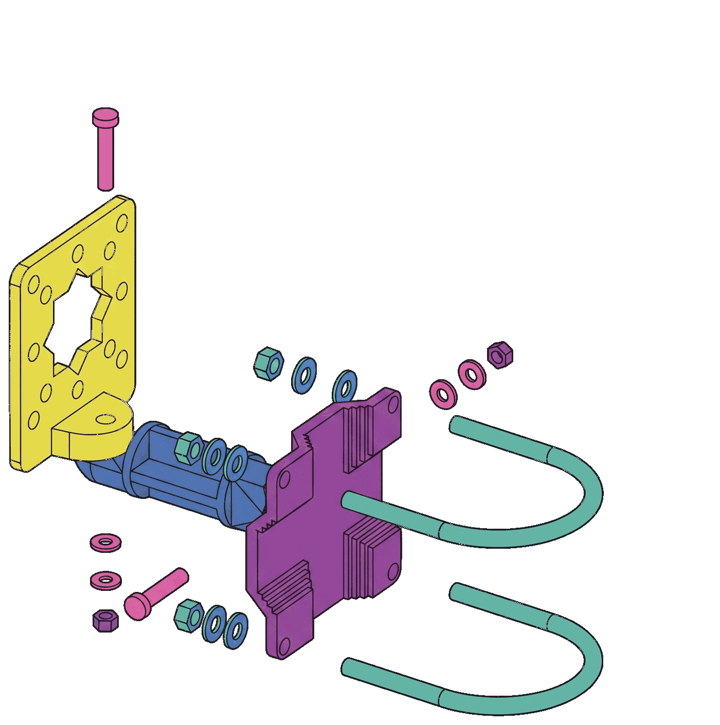 Bracket assembly — exploded view showing all parts and hardware