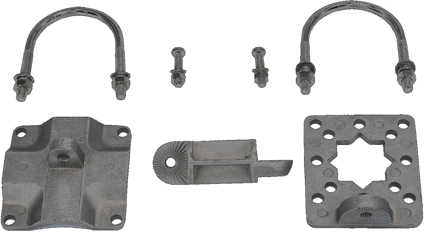 Mounting bracket kit components — U-bolts, plates, arm, and hardware